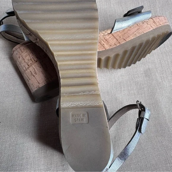 Stella McCartney Linda Cork Platform Metallic Silver Strappy Sandals 37